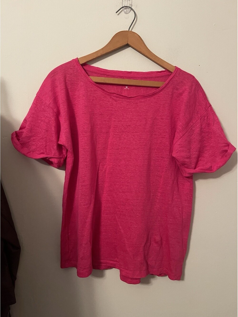 J. Crew Linen Roll-Cuff Crewneck T-Shirt Stripe Short Sleeve Top Pink Medium M